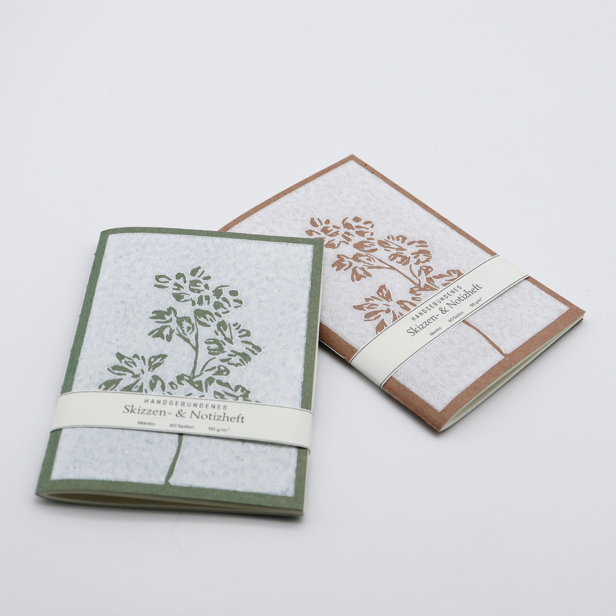 Handgebundene A6-Hefte mit botanischem Linoldruck – erhältlich in Grün und Rosa, Dunjas Atelier