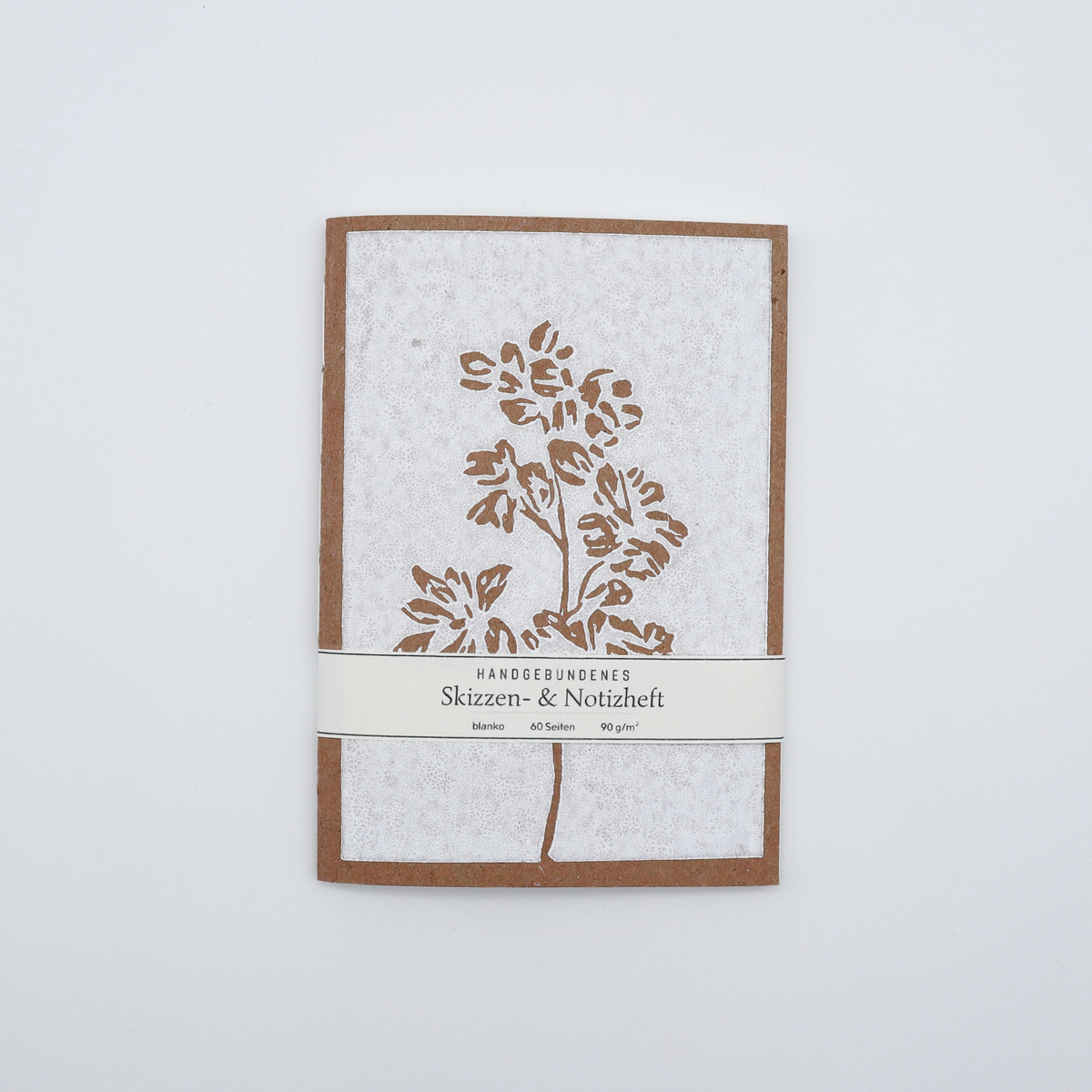 Handgebundenes A6-Heft mit botanischem Linoldruck-Einband in Rosa, 60 Seiten blanko, 90 g/m²