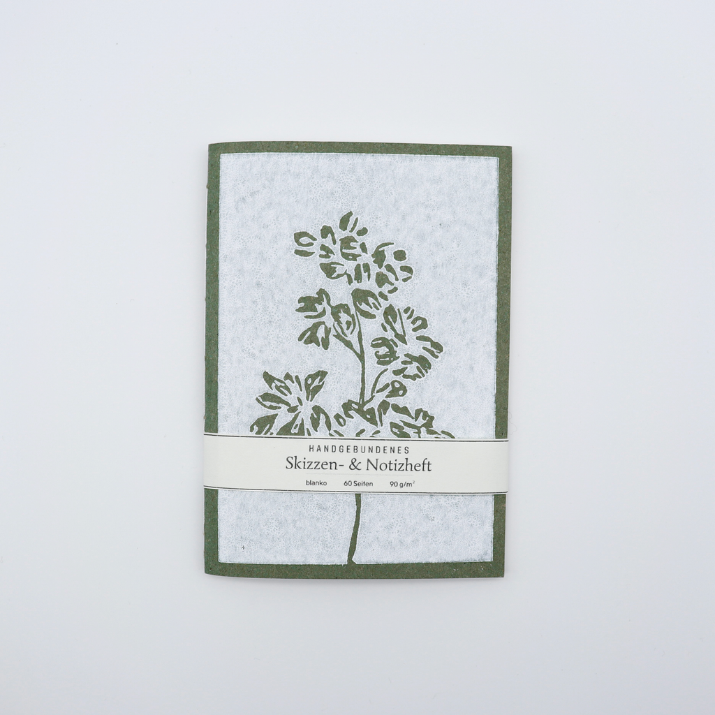 Handgebundenes A6-Heft mit botanischem Linoldruck-Einband in Grün, 60 Seiten blanko, 90 g/m²