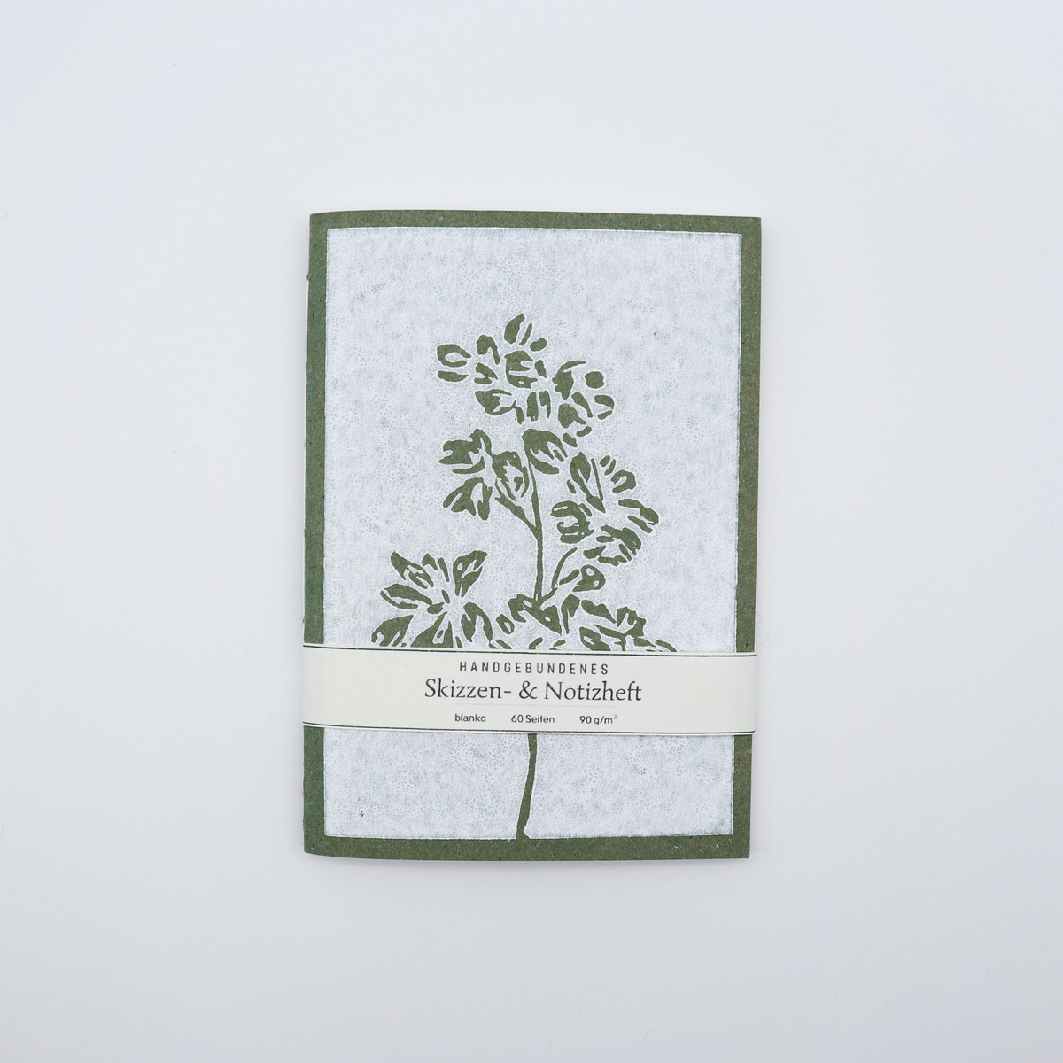Handgebundenes A6-Heft mit botanischem Linoldruck-Einband in Grün, 60 Seiten blanko, 90 g/m²